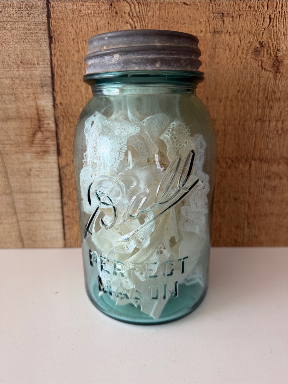 Vintage Ball Perfect Mason #8 Aqua Blue Glass Jar with Zinc Lid with Lace Trims